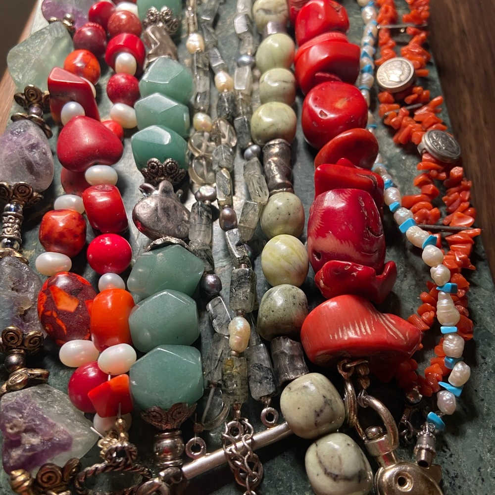 bracelets collection - grey quartz and grey / white natural pearls , 3 strings